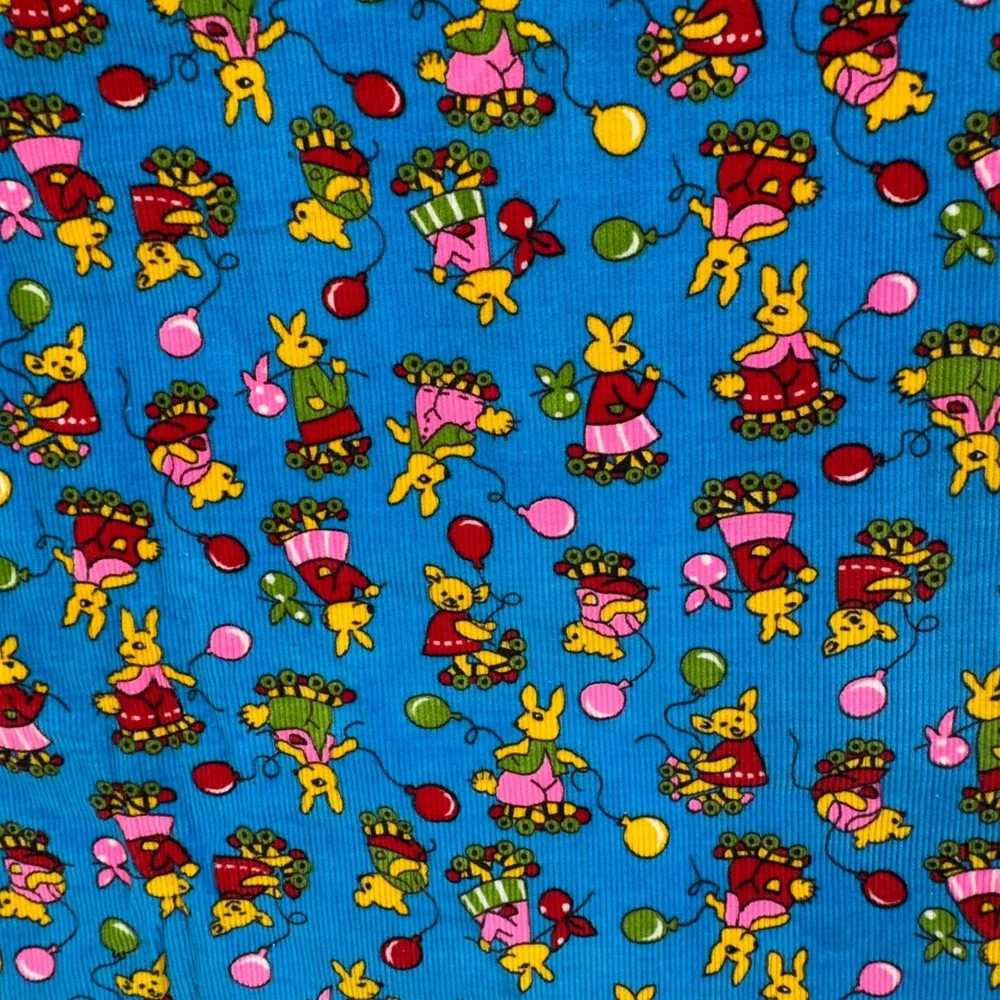 Vintage Corduroy Fabric 1 Yard Blue Roller Skating Bunny Novelty Kidcore Retro